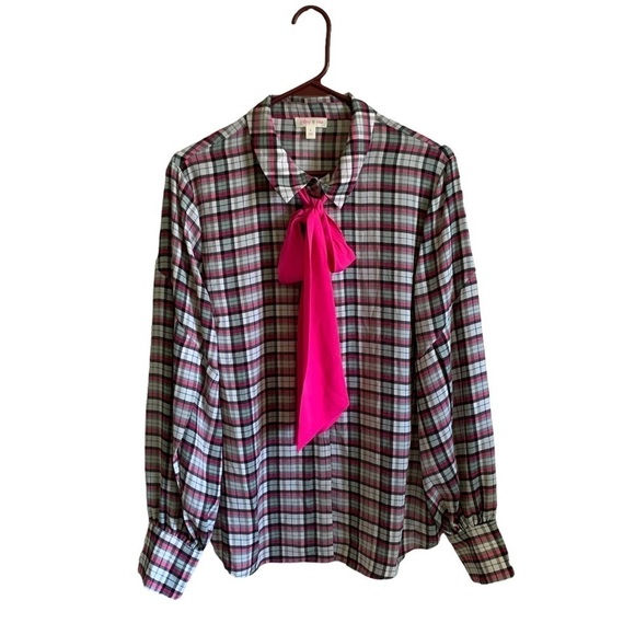Riley & Rae Lavallière Bow Blended Legacy Pink Plaid Button Up Blouse Large - Picture 4 of 11